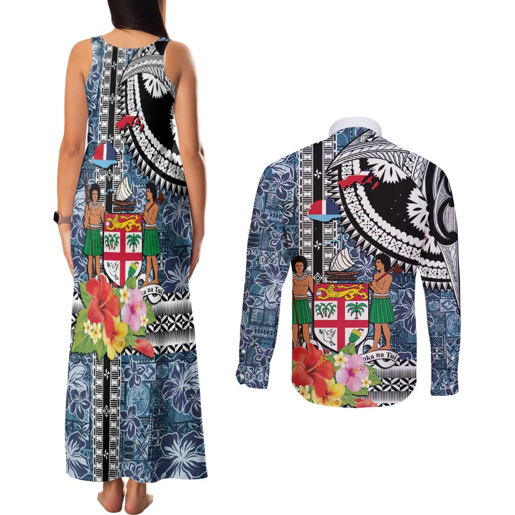 Fiji Day Couples Matching Tank Maxi Dress and Long Sleeve Button Shirt Traditional Tapa with Hibiscus and Emblems