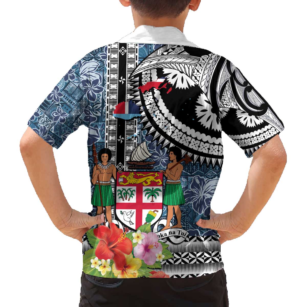 Fiji Day Family Matching Off The Shoulder Long Sleeve Dress and Hawaiian Shirt Traditional Tapa with Hibiscus and Emblems