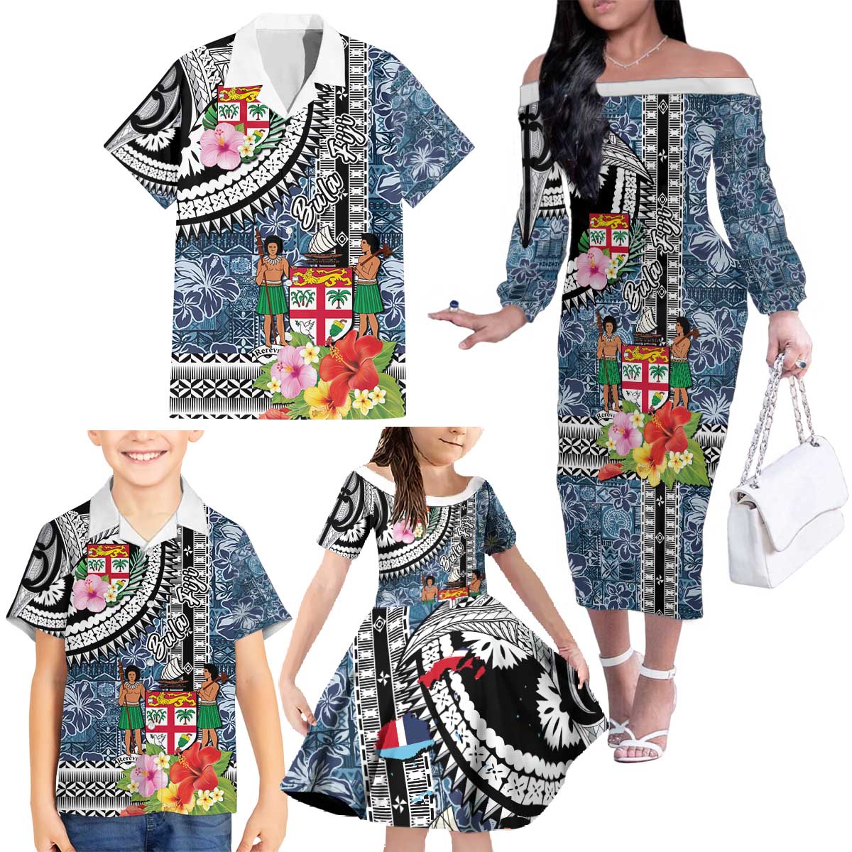 Fiji Day Family Matching Off The Shoulder Long Sleeve Dress and Hawaiian Shirt Traditional Tapa with Hibiscus and Emblems