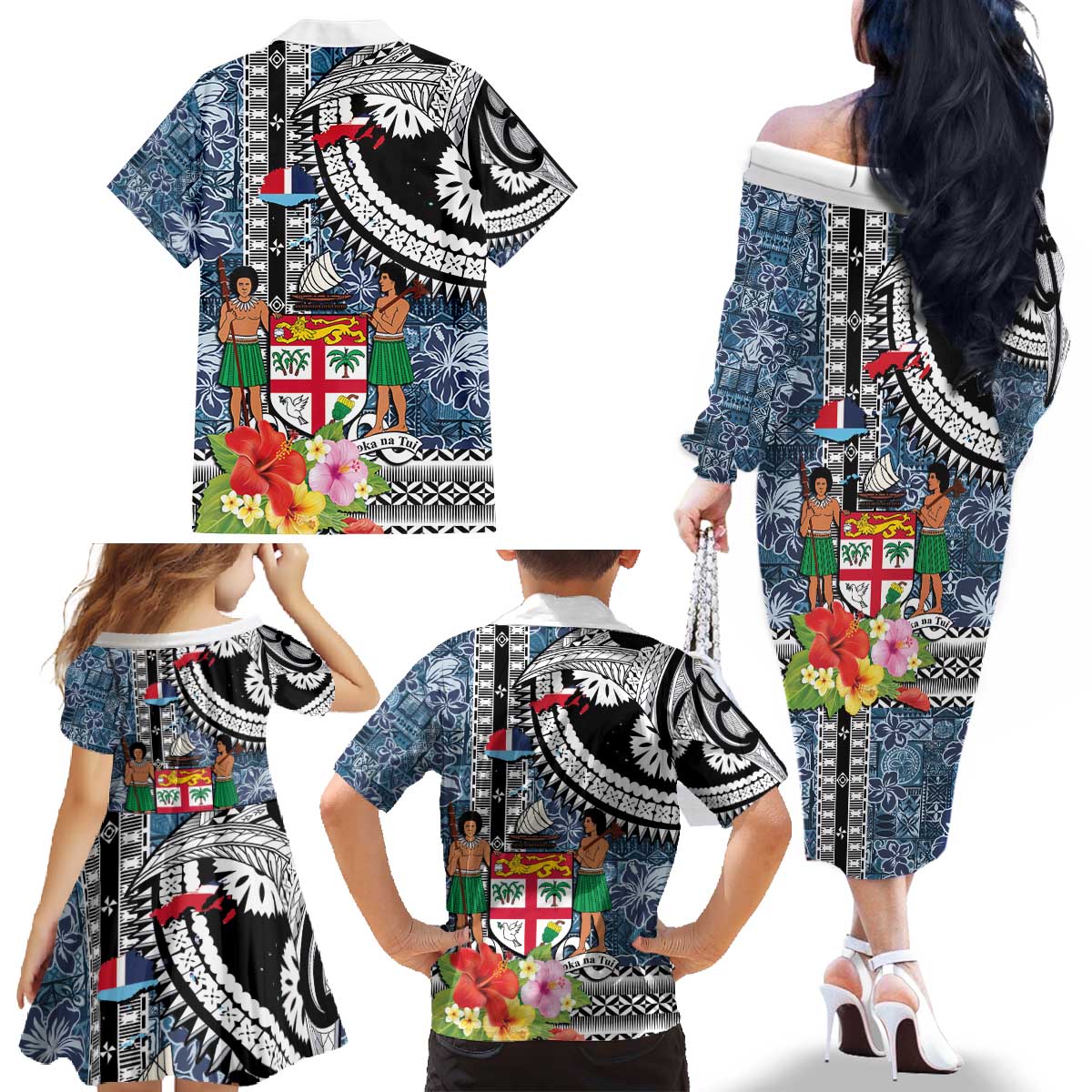 Fiji Day Family Matching Off The Shoulder Long Sleeve Dress and Hawaiian Shirt Traditional Tapa with Hibiscus and Emblems