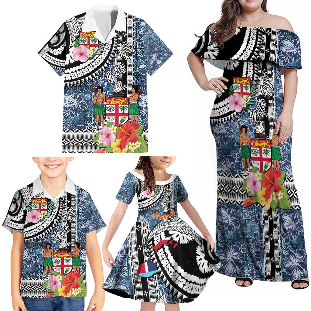 Fiji Day Family Matching Off Shoulder Maxi Dress and Hawaiian Shirt Traditional Tapa with Hibiscus and Emblems