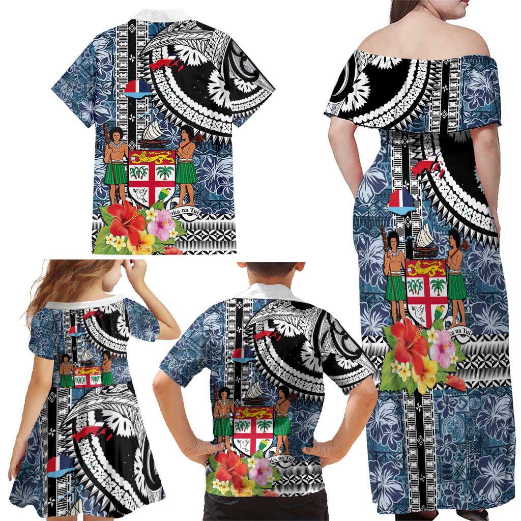 Fiji Day Family Matching Off Shoulder Maxi Dress and Hawaiian Shirt Traditional Tapa with Hibiscus and Emblems