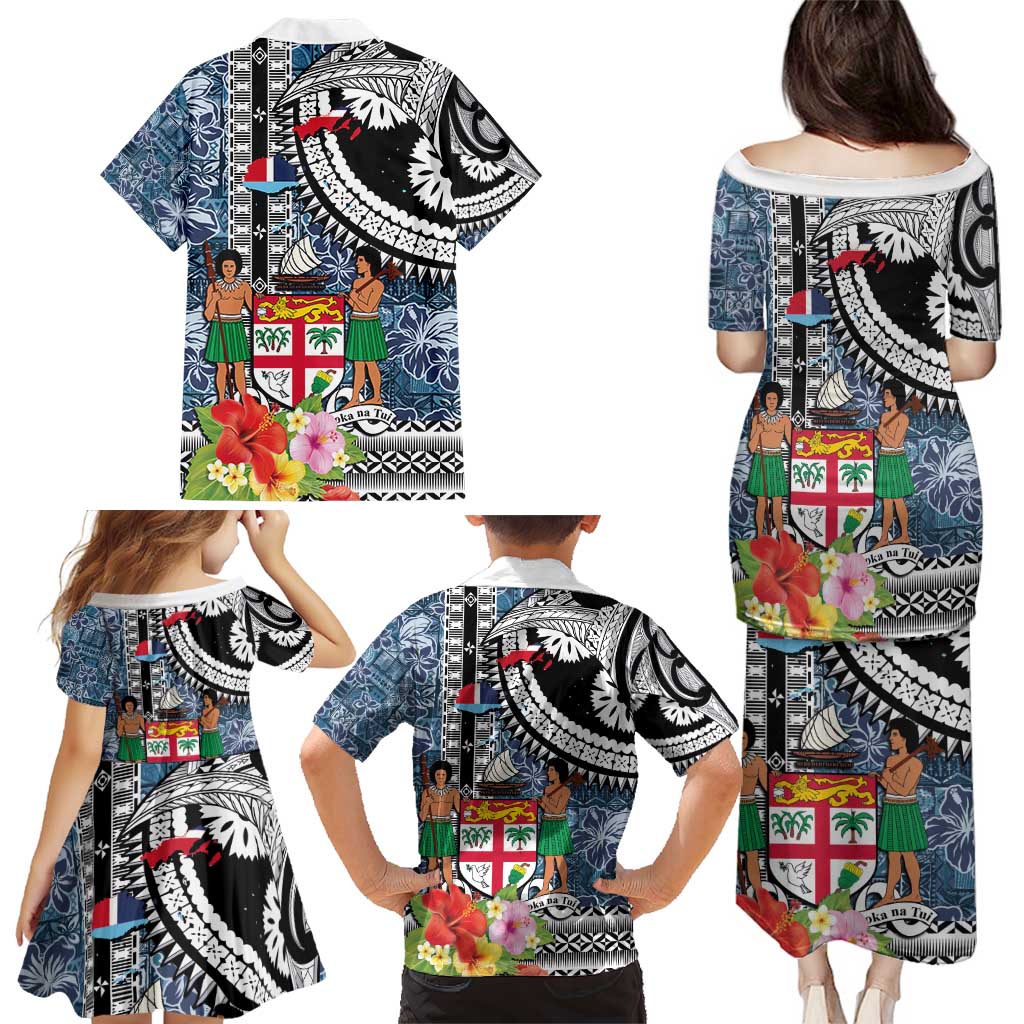 Fiji Day Family Matching Puletasi and Hawaiian Shirt Traditional Tapa with Hibiscus and Emblems