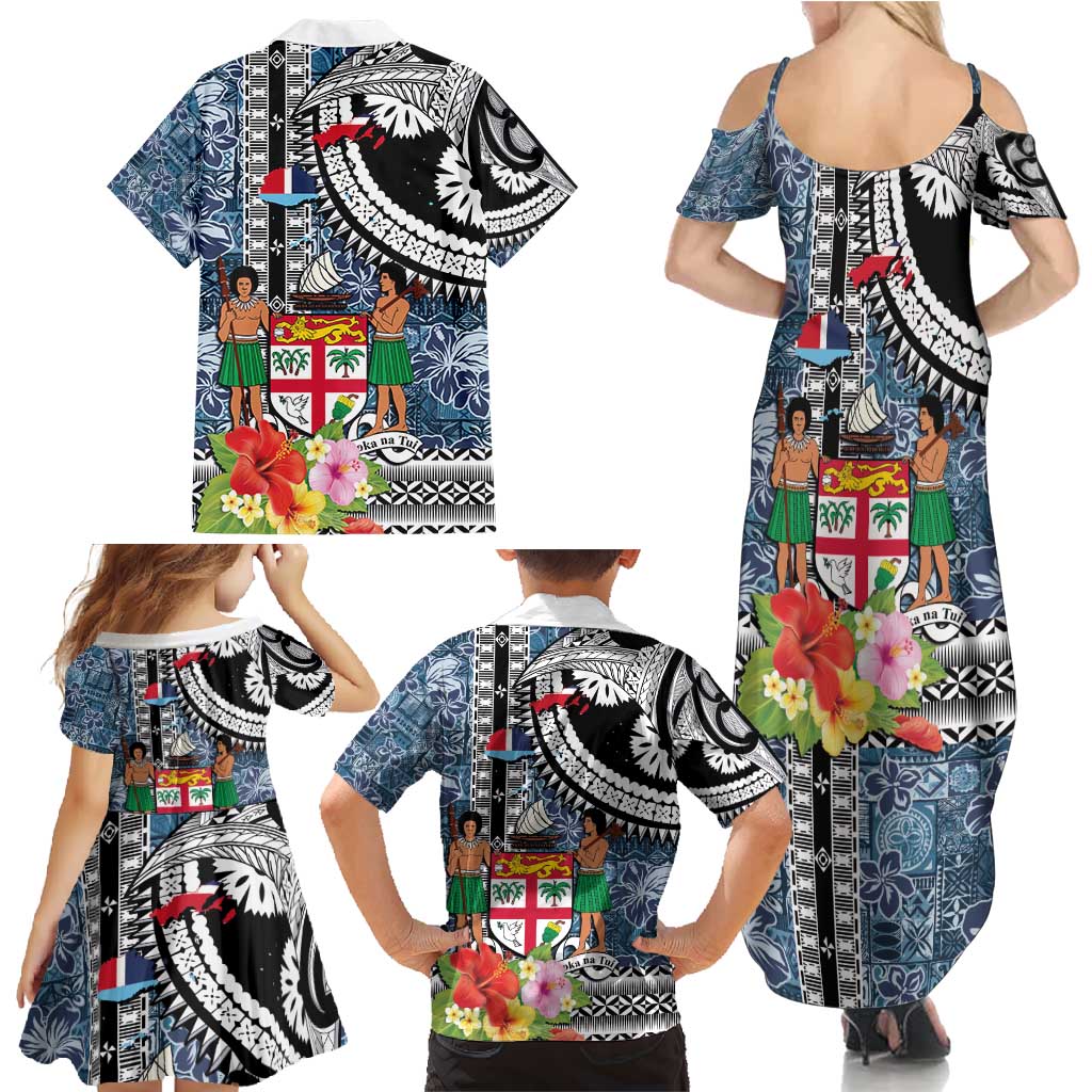Fiji Day Family Matching Summer Maxi Dress and Hawaiian Shirt Traditional Tapa with Hibiscus and Emblems