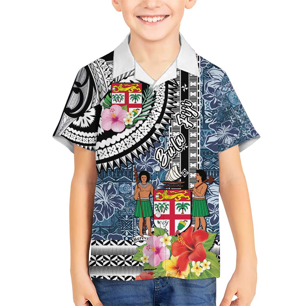 Fiji Day Kid Hawaiian Shirt Traditional Tapa with Hibiscus and Emblems