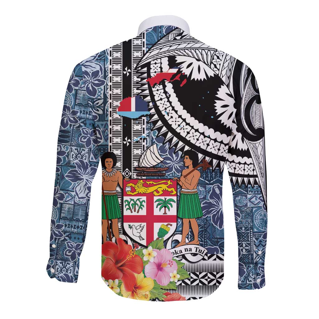 Fiji Day Long Sleeve Button Shirt Traditional Tapa with Hibiscus and Emblems