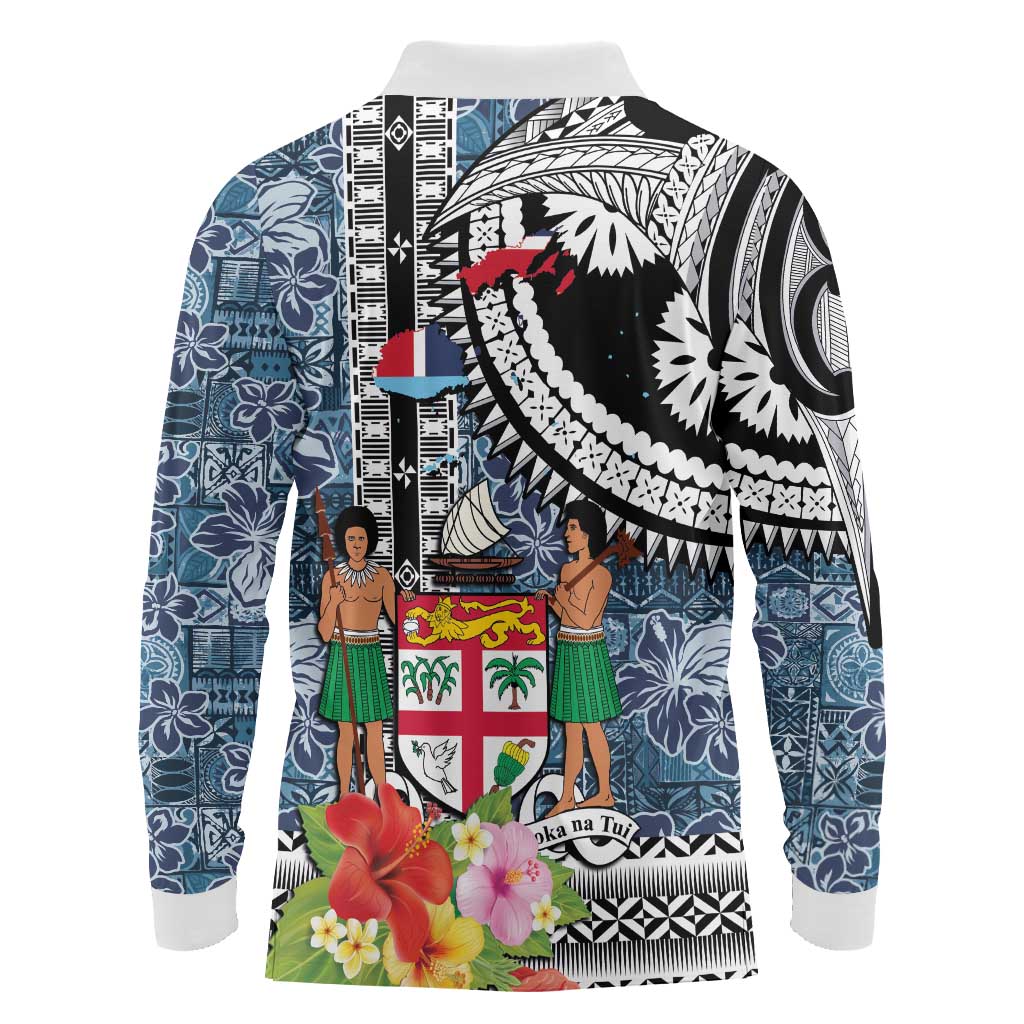 Fiji Day Long Sleeve Polo Shirt Traditional Tapa with Hibiscus and Emblems