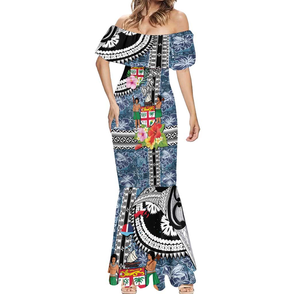 Fiji Day Mermaid Dress Traditional Tapa with Hibiscus and Emblems