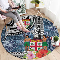 Fiji Day Round Carpet Traditional Tapa with Hibiscus and Emblems