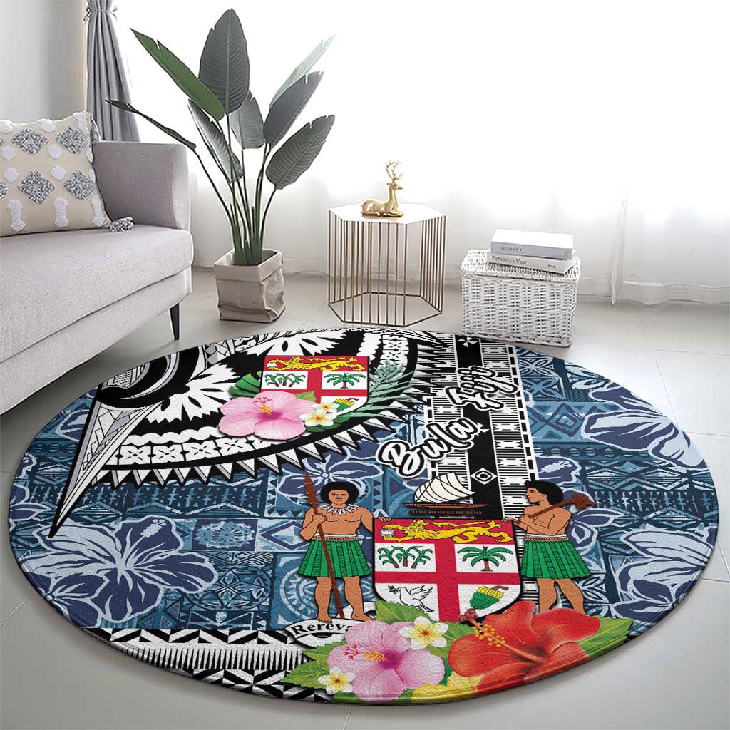 Fiji Day Round Carpet Traditional Tapa with Hibiscus and Emblems