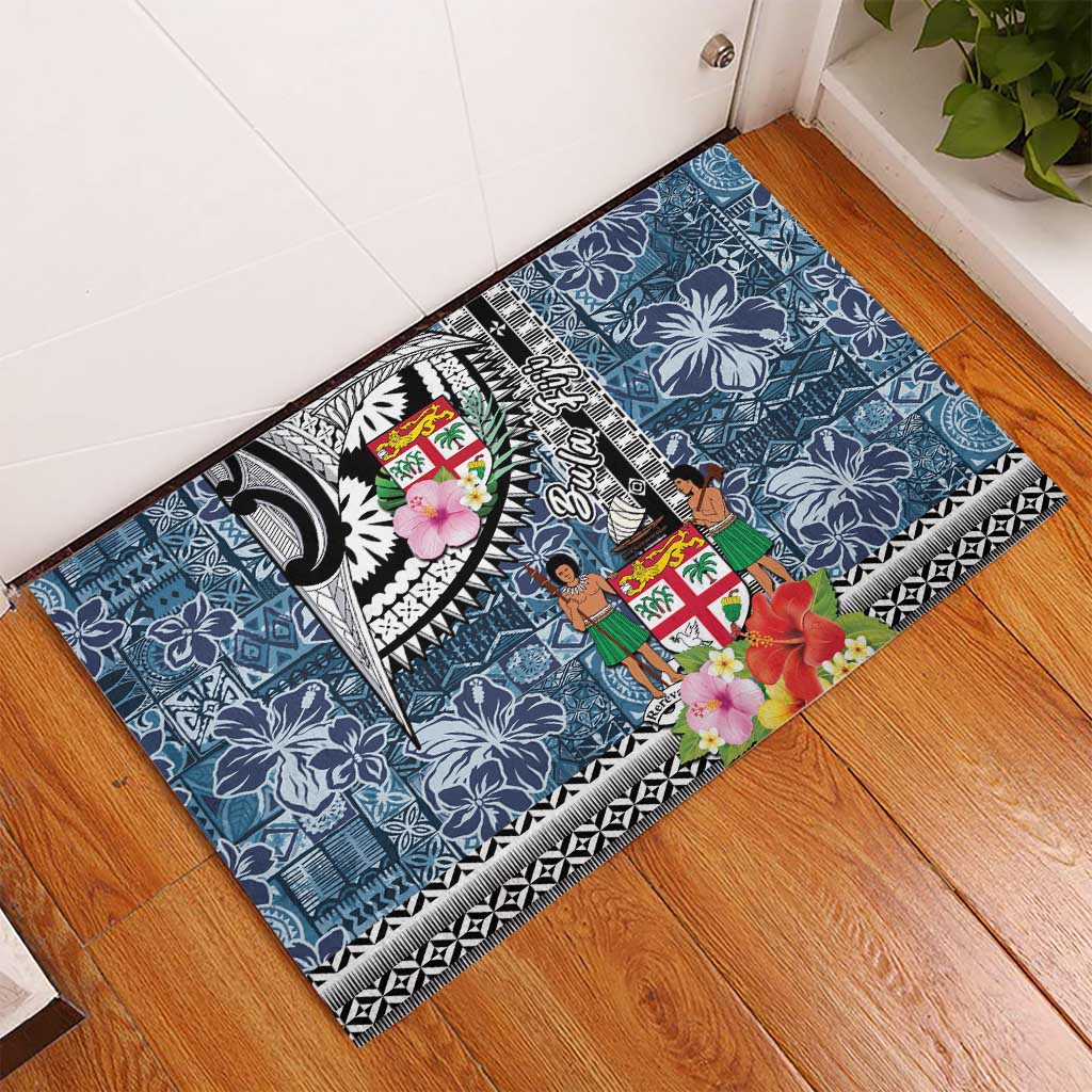 Fiji Day Rubber Doormat Traditional Tapa with Hibiscus and Emblems