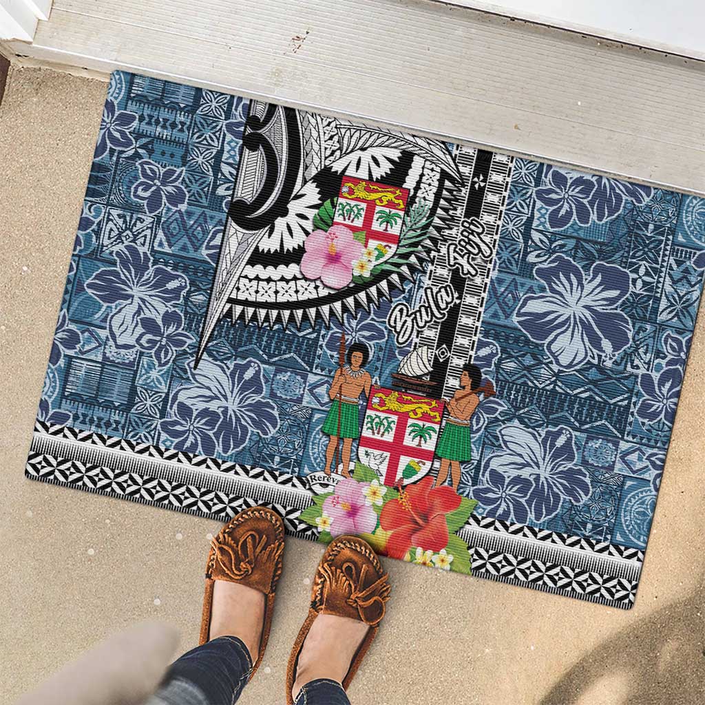 Fiji Day Rubber Doormat Traditional Tapa with Hibiscus and Emblems