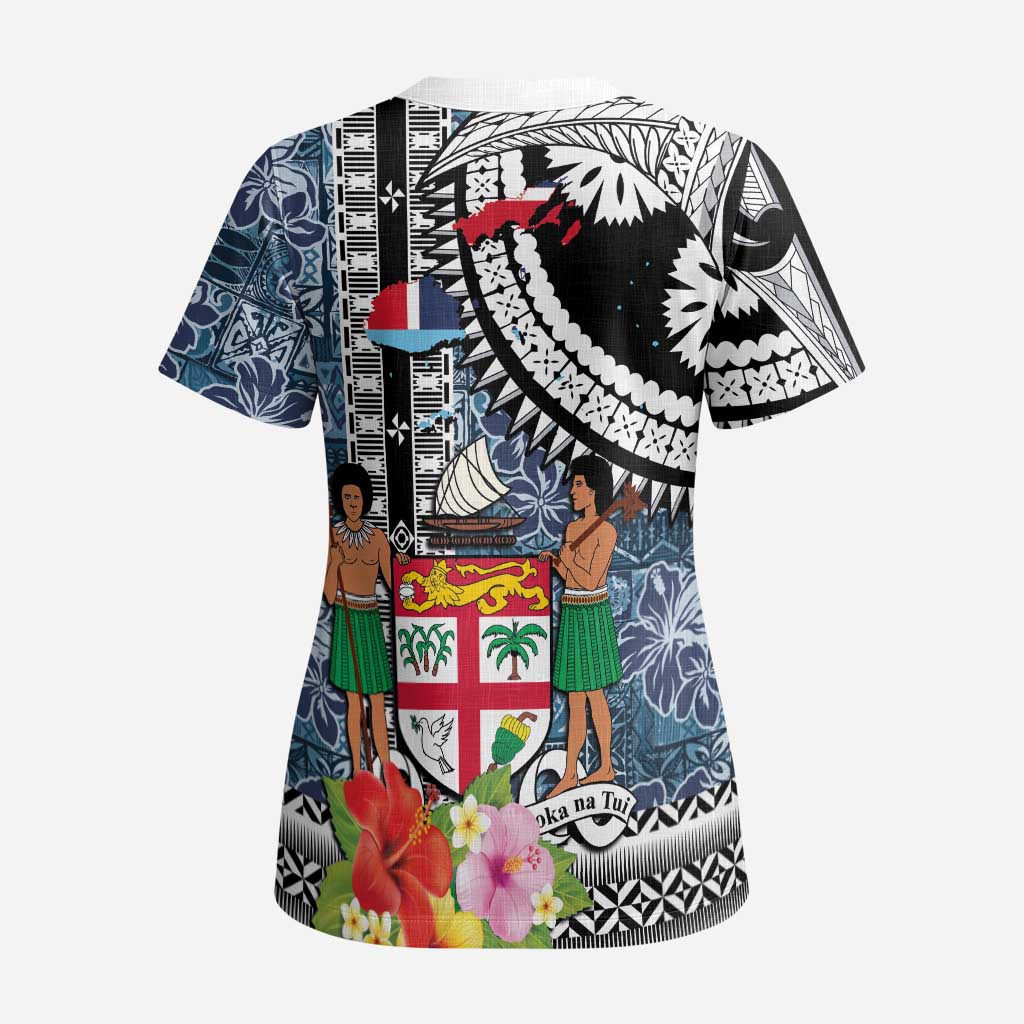 Fiji Day Scrub Top Traditional Tapa with Hibiscus and Emblems - Polynesian Pride