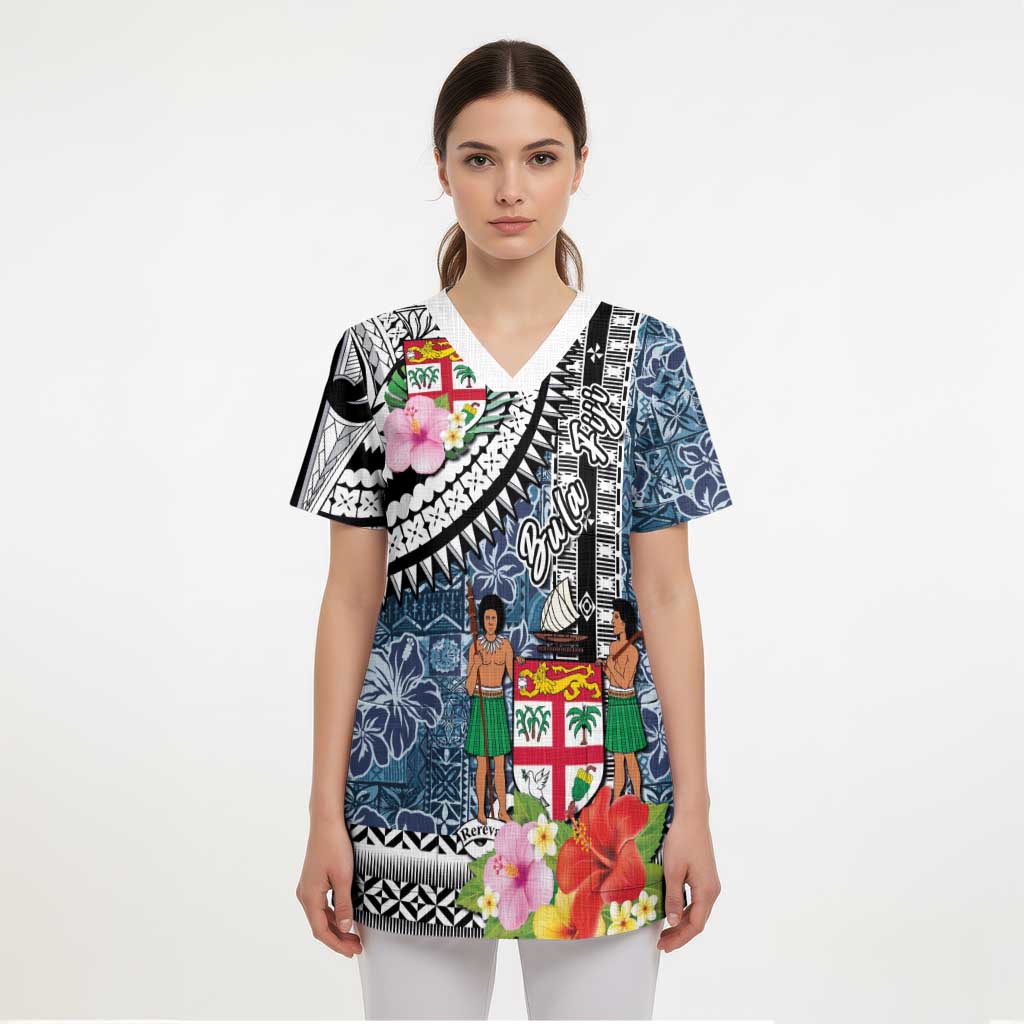 Fiji Day Scrub Top Traditional Tapa with Hibiscus and Emblems - Polynesian Pride