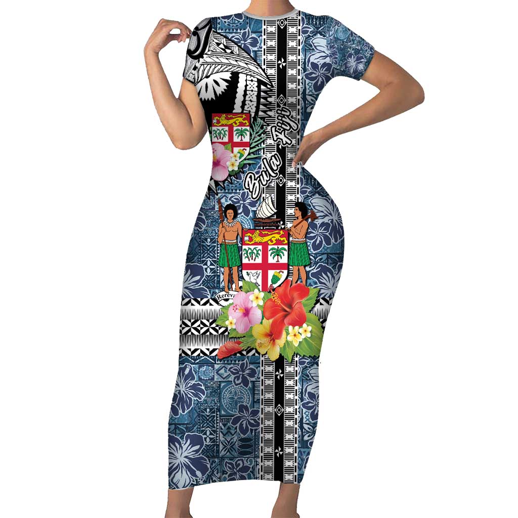 Fiji Day Short Sleeve Bodycon Dress Traditional Tapa with Hibiscus and Emblems