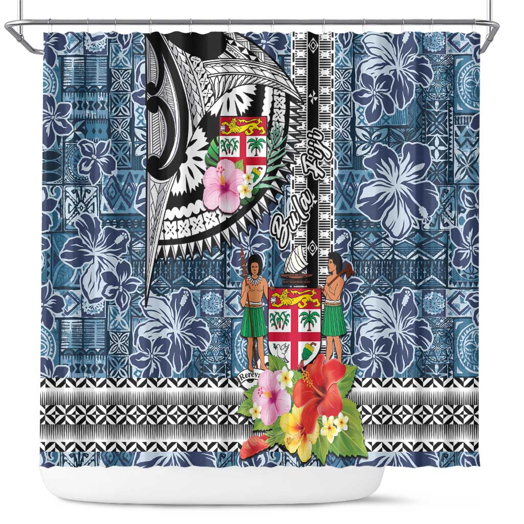 Fiji Day Shower Curtain Traditional Tapa with Hibiscus and Emblems