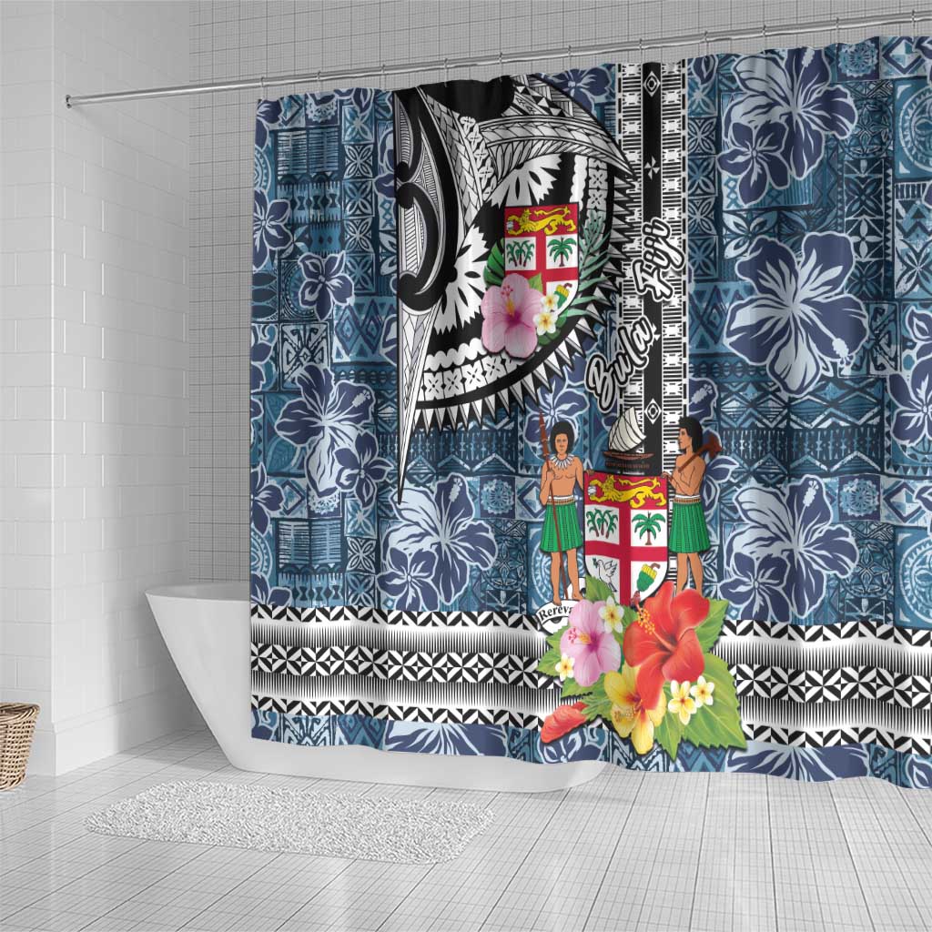 Fiji Day Shower Curtain Traditional Tapa with Hibiscus and Emblems