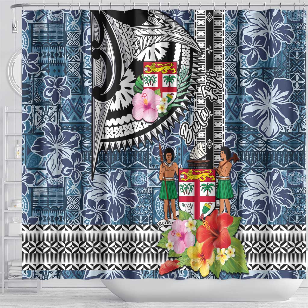 Fiji Day Shower Curtain Traditional Tapa with Hibiscus and Emblems