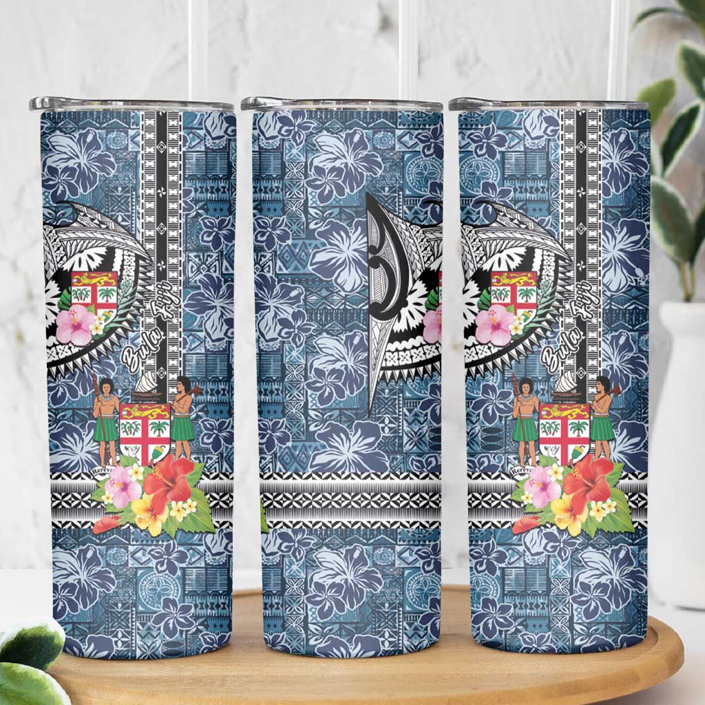 Fiji Day Skinny Tumbler Traditional Tapa with Hibiscus and Emblems