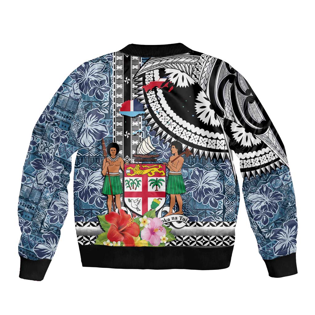 Fiji Day Sleeve Zip Bomber Jacket Traditional Tapa with Hibiscus and Emblems