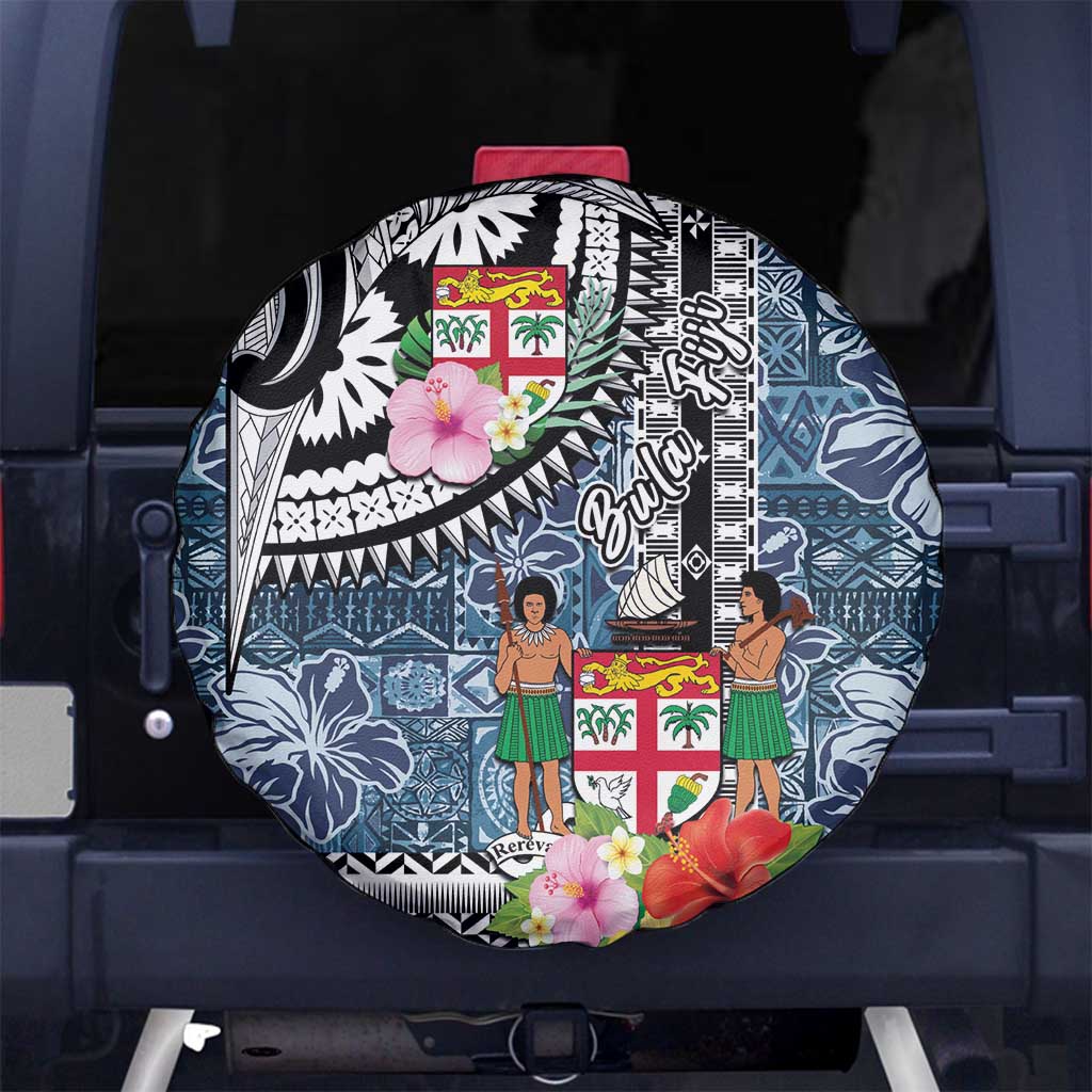 Fiji Day Spare Tire Cover Traditional Tapa with Hibiscus and Emblems