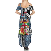 Fiji Day Summer Maxi Dress Traditional Tapa with Hibiscus and Emblems