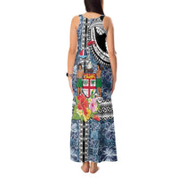 Fiji Day Tank Maxi Dress Traditional Tapa with Hibiscus and Emblems