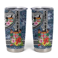 Fiji Day Tumbler Cup Traditional Tapa with Hibiscus and Emblems