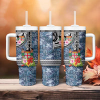 Fiji Day Tumbler With Handle Traditional Tapa with Hibiscus and Emblems