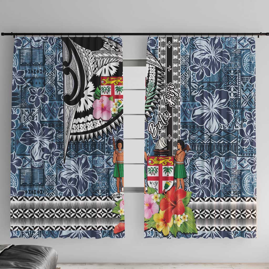 Fiji Day Window Curtain Traditional Tapa with Hibiscus and Emblems