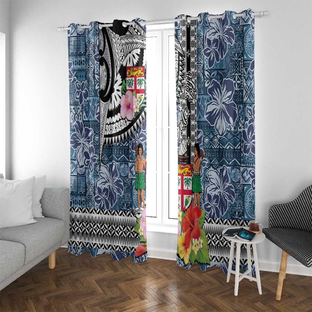 Fiji Day Window Curtain Traditional Tapa with Hibiscus and Emblems