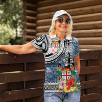 Fiji Day Women Polo Shirt Traditional Tapa with Hibiscus and Emblems