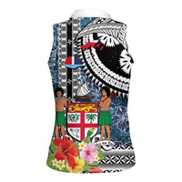 Fiji Day Women Sleeveless Polo Shirt Traditional Tapa with Hibiscus and Emblems