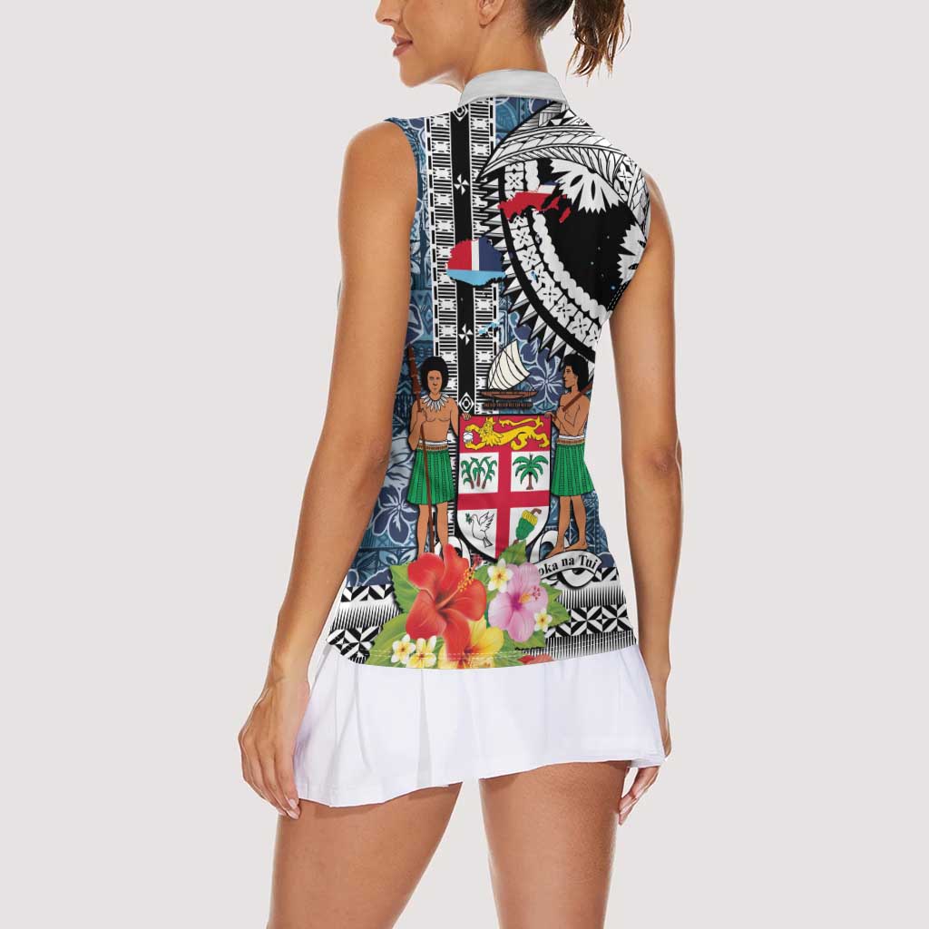 Fiji Day Women Sleeveless Polo Shirt Traditional Tapa with Hibiscus and Emblems