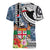Fiji Day Women V-Neck T-Shirt Traditional Tapa with Hibiscus and Emblems