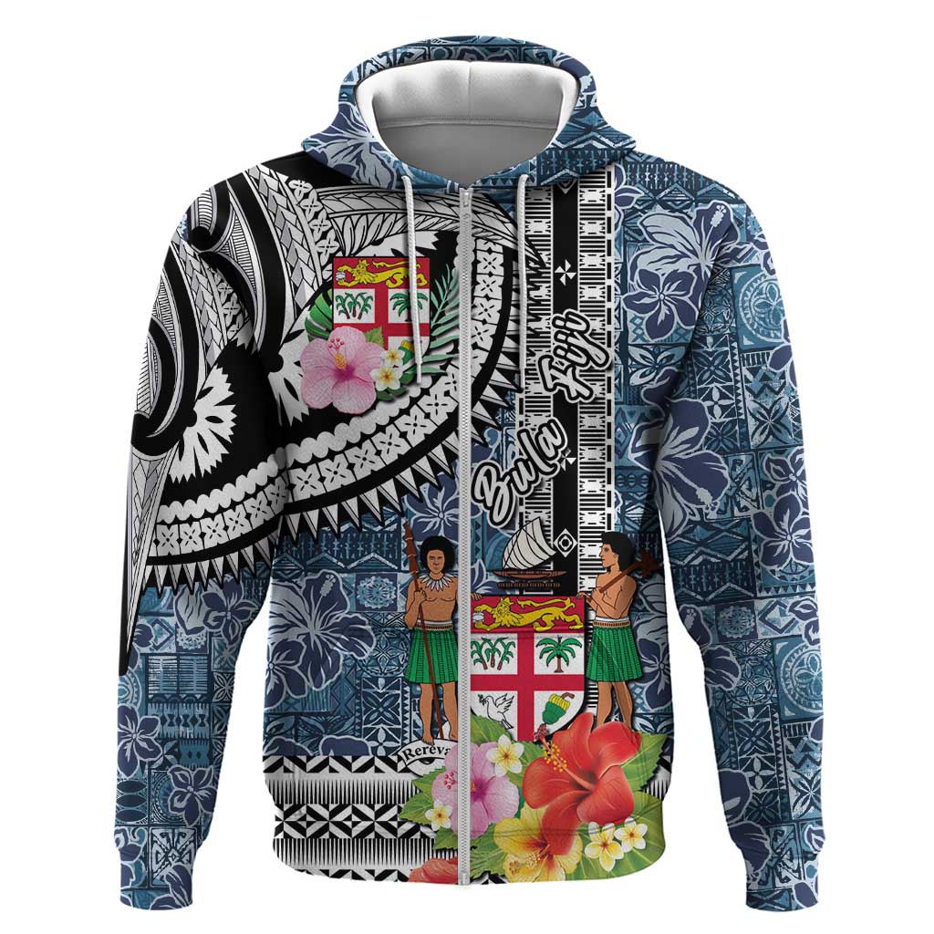 Fiji Day Zip Hoodie Traditional Tapa with Hibiscus and Emblems
