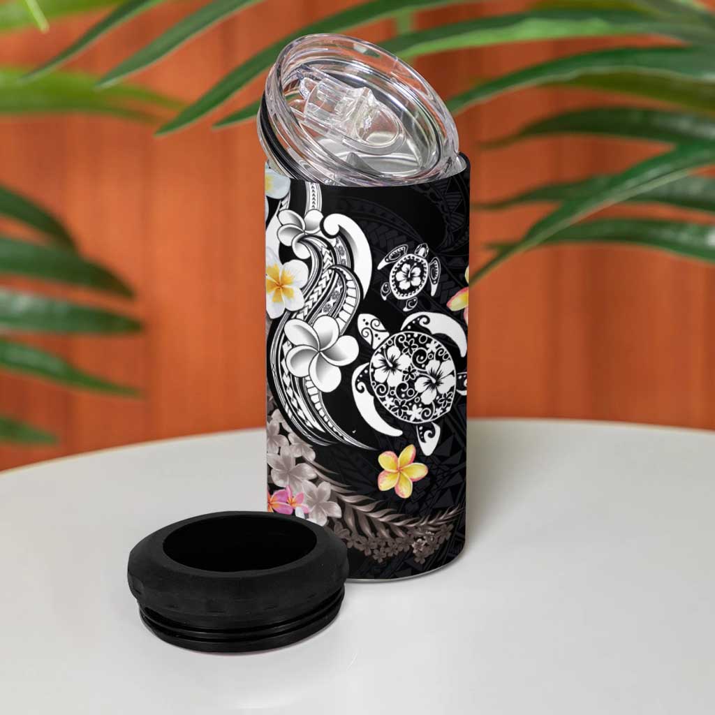 Hawaiian Tropical Plumeria Turtles 4 in 1 Can Cooler Tumbler Polynesian Art Tattoo