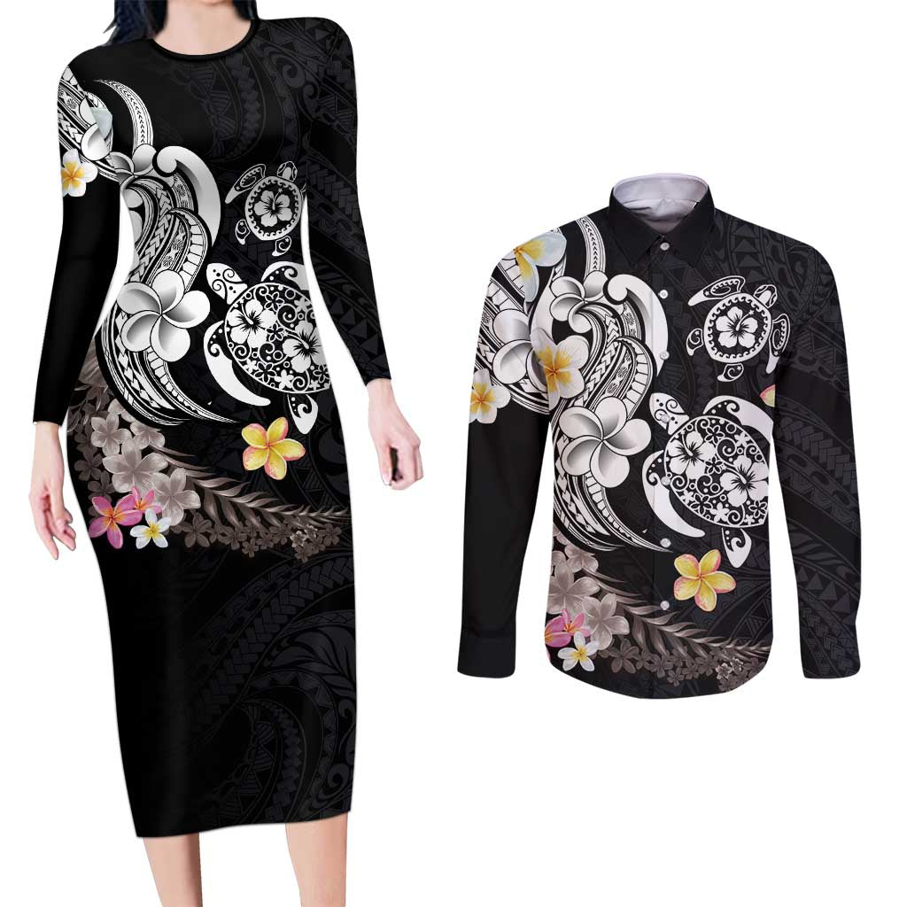 Hawaiian Tropical Plumeria Turtles Couples Matching Long Sleeve Bodycon Dress and Long Sleeve Button Shirt Polynesian Art Tattoo LT03 No Dress - Polynesian Pride