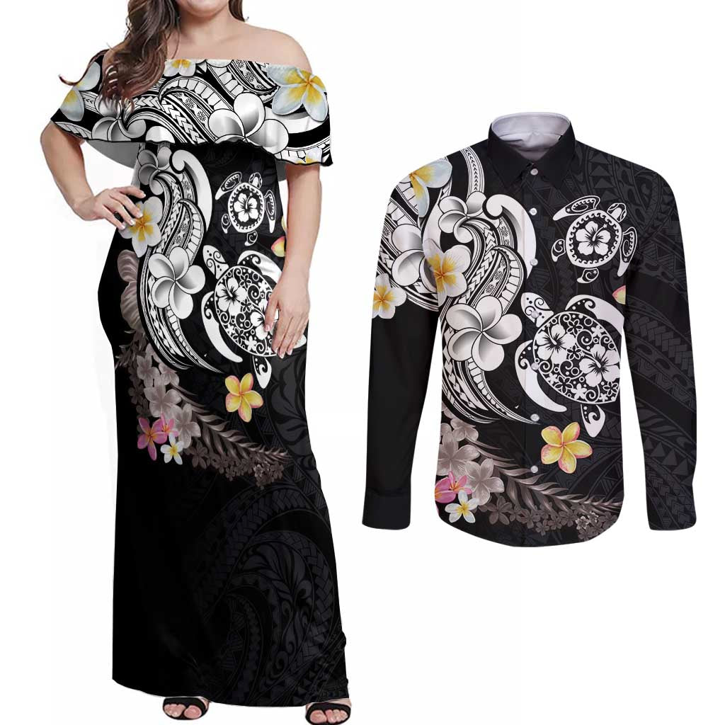 Hawaiian Tropical Plumeria Turtles Couples Matching Off Shoulder Maxi Dress and Long Sleeve Button Shirt Polynesian Art Tattoo LT03 No Dress - Polynesian Pride
