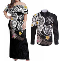Hawaiian Tropical Plumeria Turtles Couples Matching Off Shoulder Maxi Dress and Long Sleeve Button Shirt Polynesian Art Tattoo LT03 No Dress - Polynesian Pride