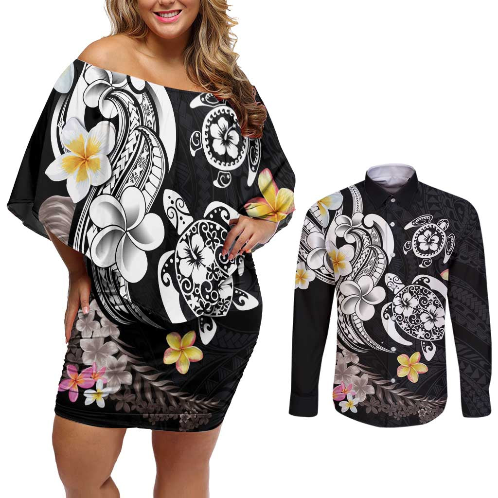 Hawaiian Tropical Plumeria Turtles Couples Matching Off Shoulder Short Dress and Long Sleeve Button Shirt Polynesian Art Tattoo LT03 No Dress - Polynesian Pride