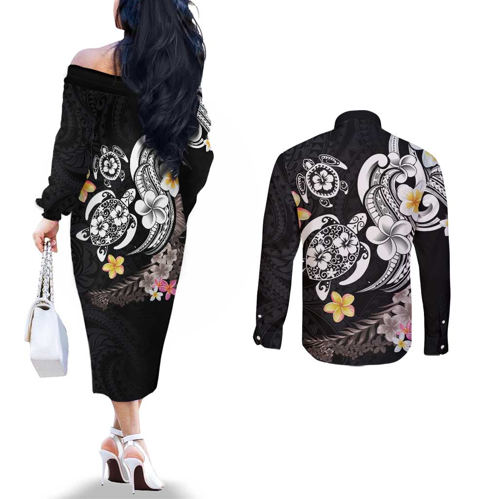 Hawaiian Tropical Plumeria Turtles Couples Matching Off The Shoulder Long Sleeve Dress and Long Sleeve Button Shirt Polynesian Art Tattoo