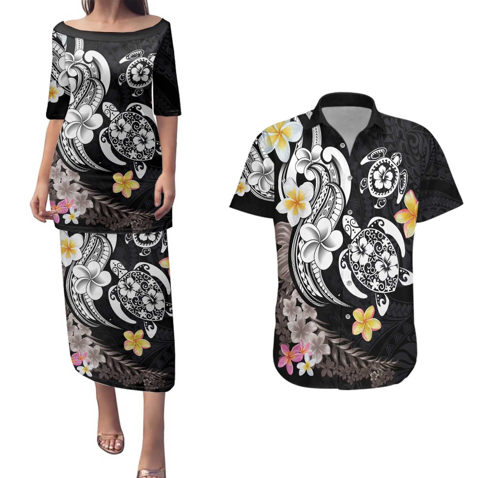 Hawaiian Tropical Plumeria Turtles Couples Matching Puletasi and Hawaiian Shirt Polynesian Art Tattoo LT03 No Dress - Polynesian Pride