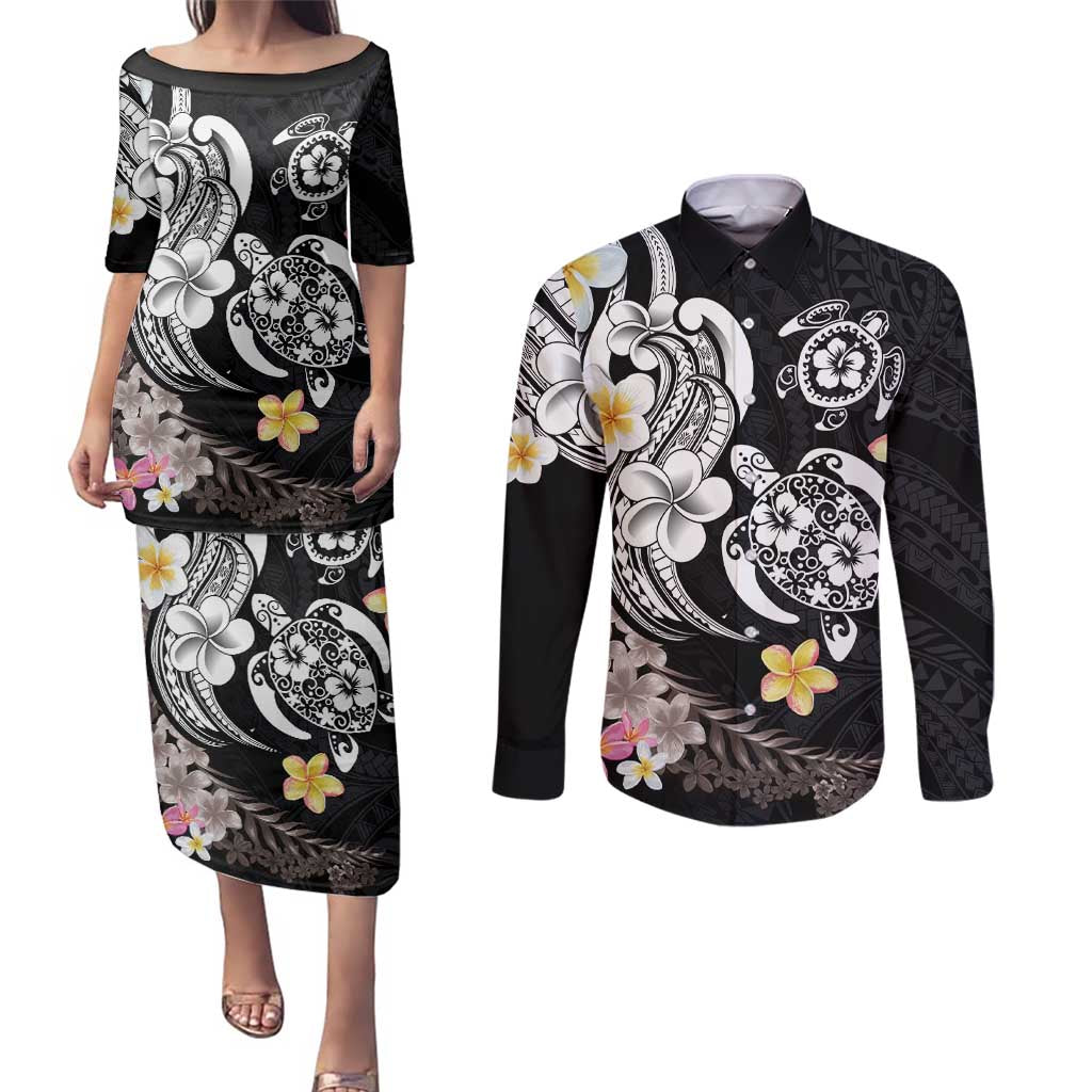 Hawaiian Tropical Plumeria Turtles Couples Matching Puletasi and Long Sleeve Button Shirt Polynesian Art Tattoo LT03 No Dress - Polynesian Pride