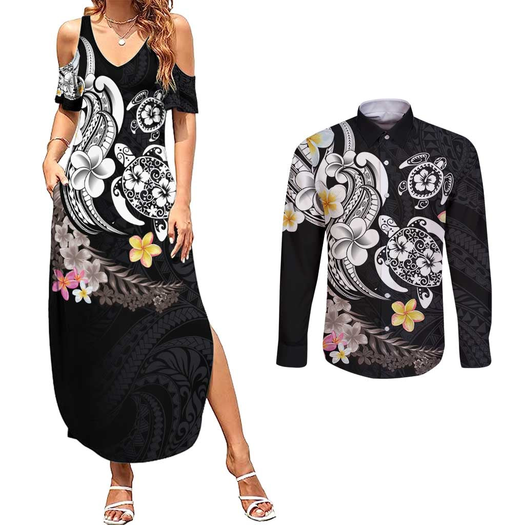 Hawaiian Tropical Plumeria Turtles Couples Matching Summer Maxi Dress and Long Sleeve Button Shirt Polynesian Art Tattoo LT03 No Dress - Polynesian Pride