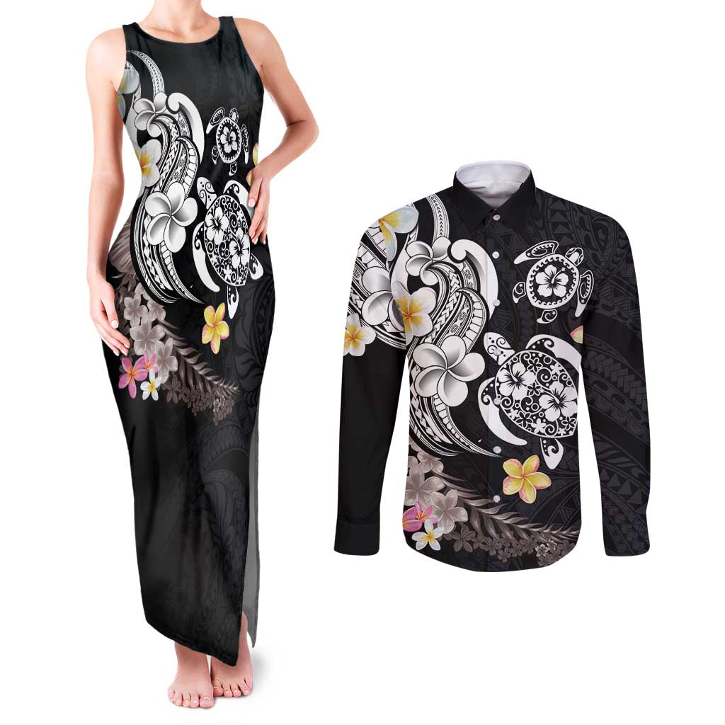 Hawaiian Tropical Plumeria Turtles Couples Matching Tank Maxi Dress and Long Sleeve Button Shirt Polynesian Art Tattoo LT03 No Dress - Polynesian Pride
