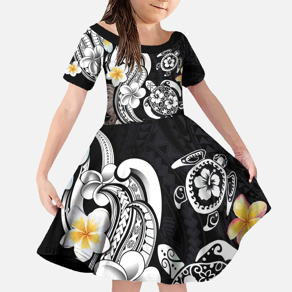 Hawaiian Tropical Plumeria Turtles Family Matching Off The Shoulder Long Sleeve Dress and Hawaiian Shirt Polynesian Art Tattoo