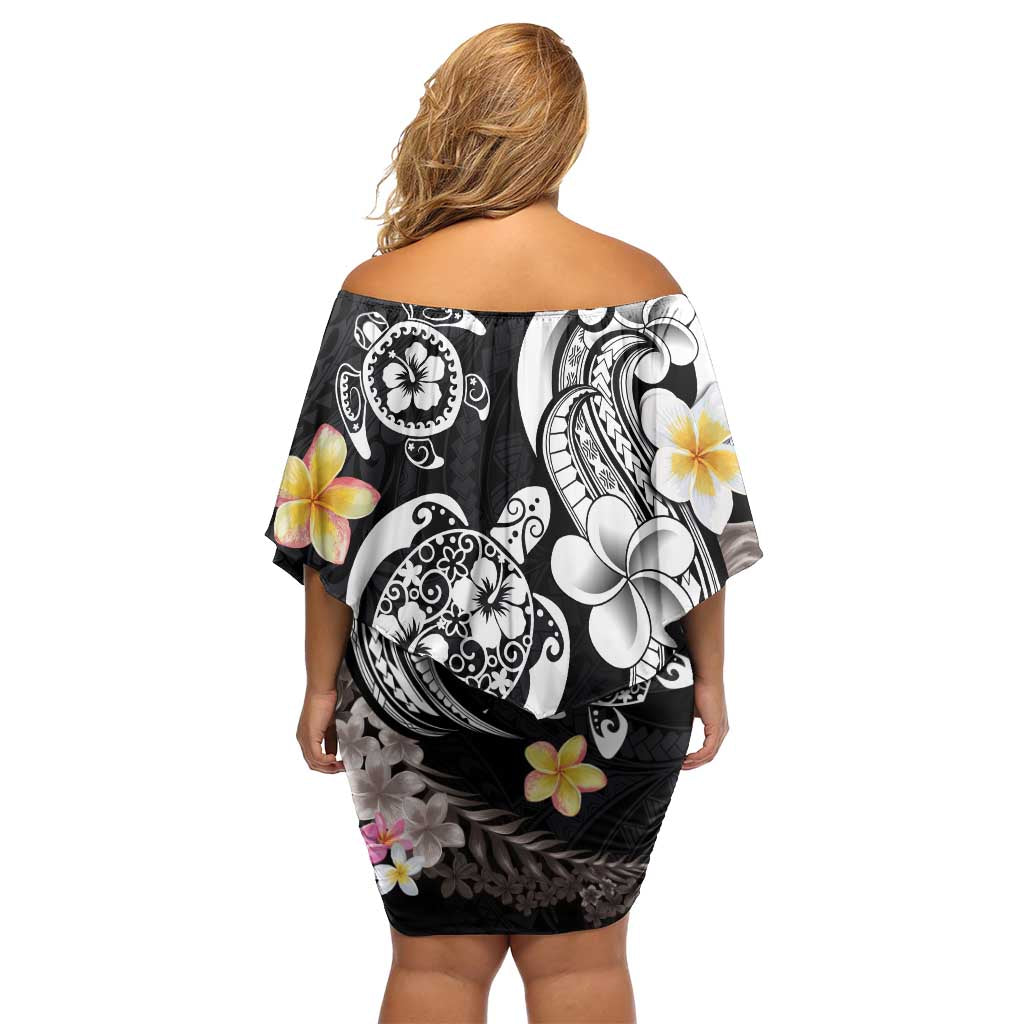 Hawaiian Tropical Plumeria Turtles Off Shoulder Short Dress Polynesian Art Tattoo