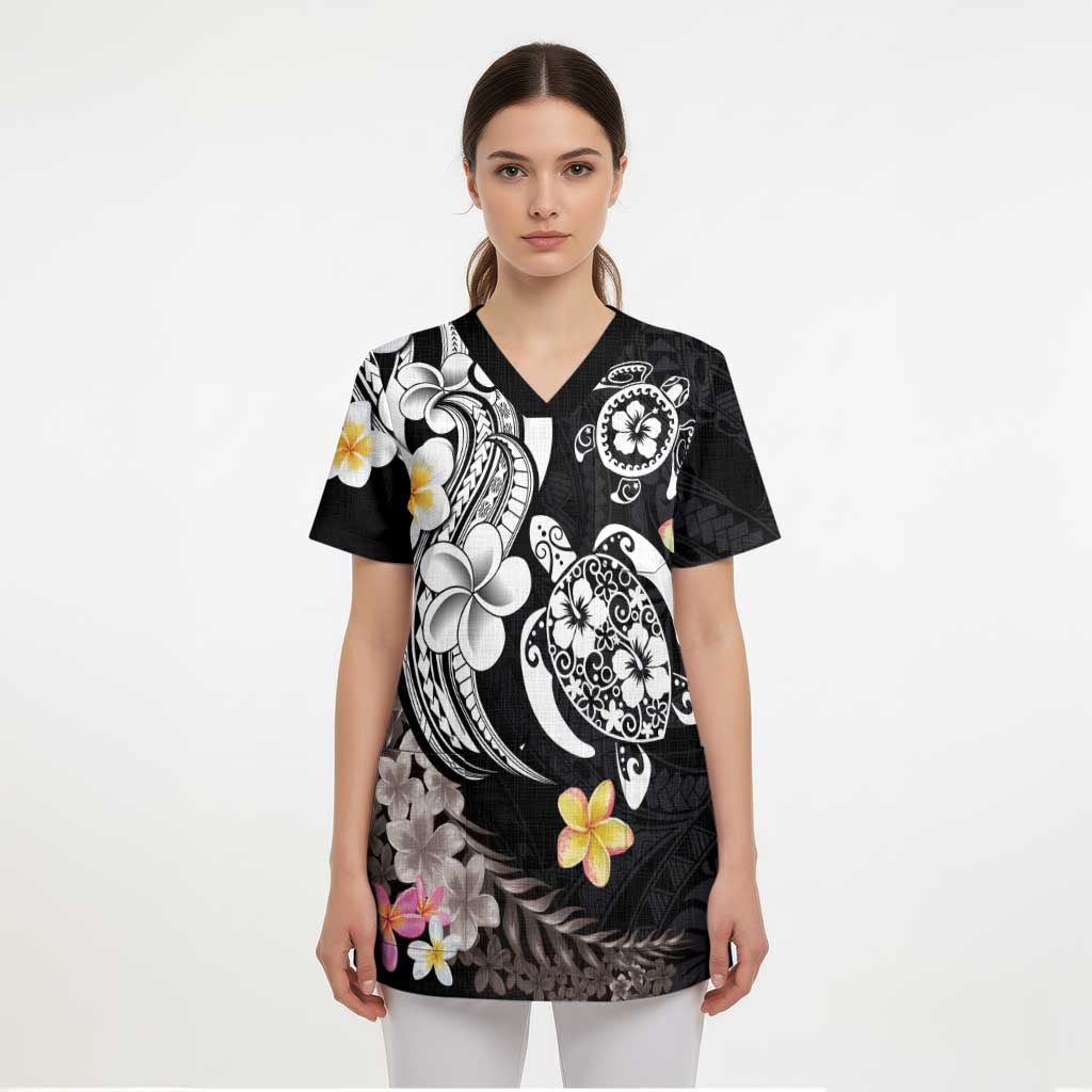 Hawaiian Tropical Plumeria Turtles Scrub Top Polynesian Art Tattoo - Polynesian Pride