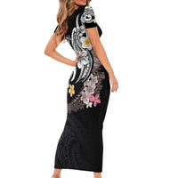 Hawaiian Tropical Plumeria Turtles Short Sleeve Bodycon Dress Polynesian Art Tattoo